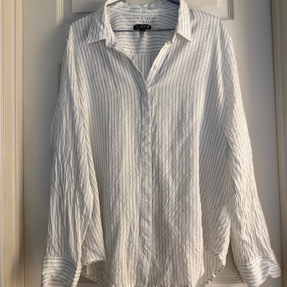 J. Crew White and Black Pinstripe Textured Drapey Button-Up Shirt